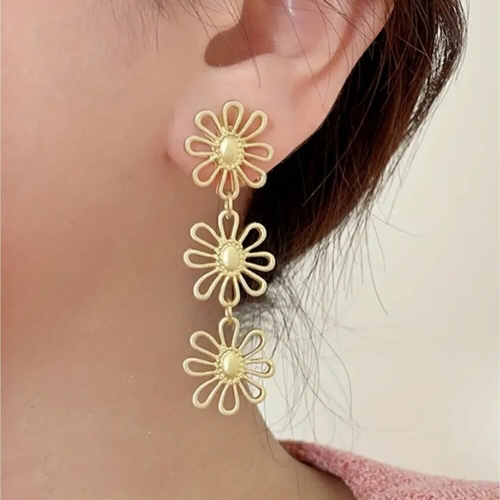 Long Hollow Flower Design Gold Tone Dangle Earrings
